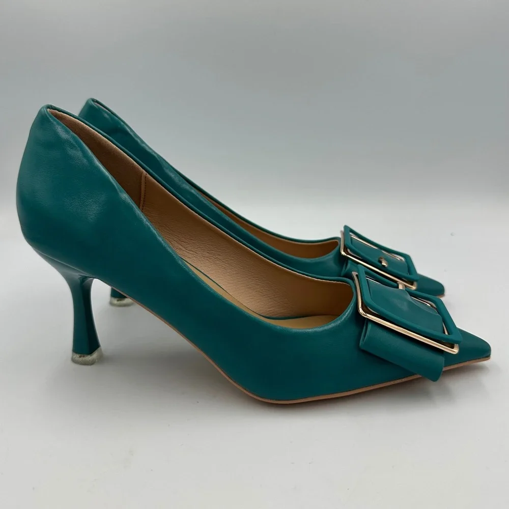 C.Paravano Peacock Blue Buckle Pumps Sz 36 / 5.5 Leather Pointed Toe Kitten Heel
